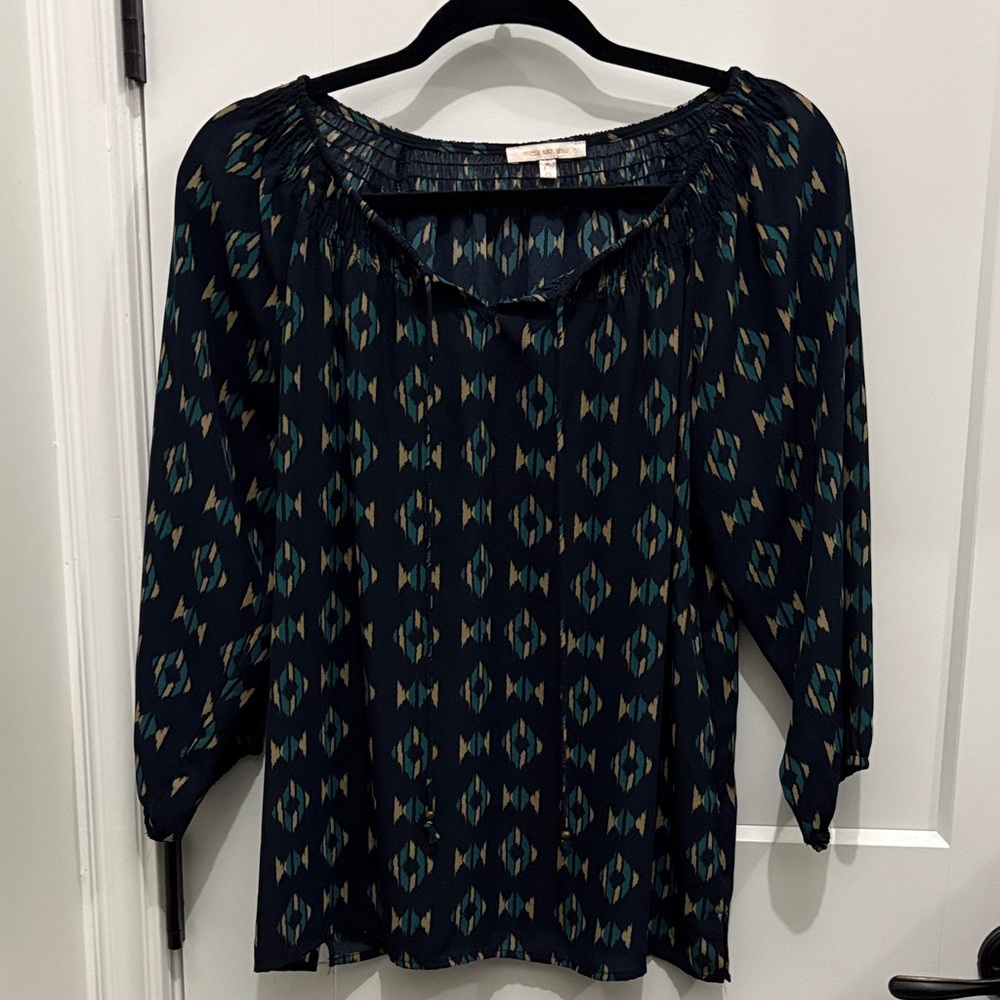 Skies Are Blue Navy and Teal Geometric Blouse
